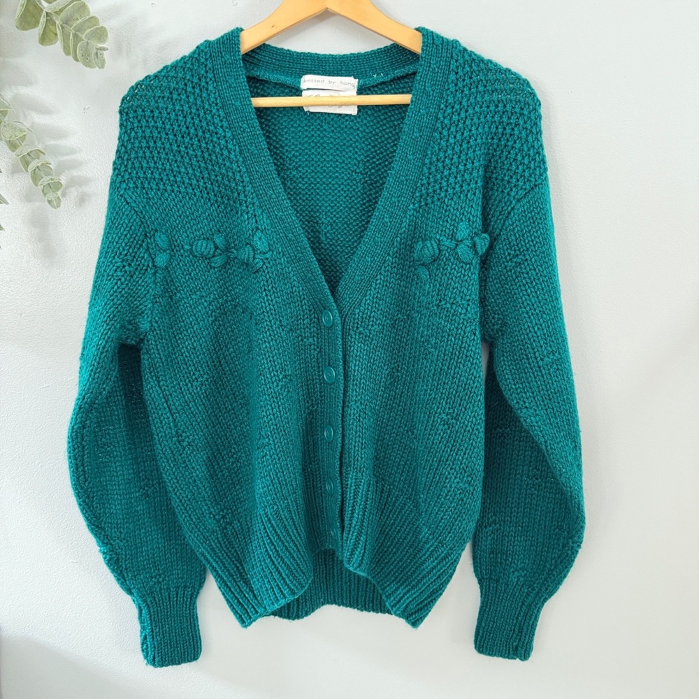Vtg Cardigan Cottagecore Bee Garden Hand Knitted Blue Green Popcorn Knit Sweater